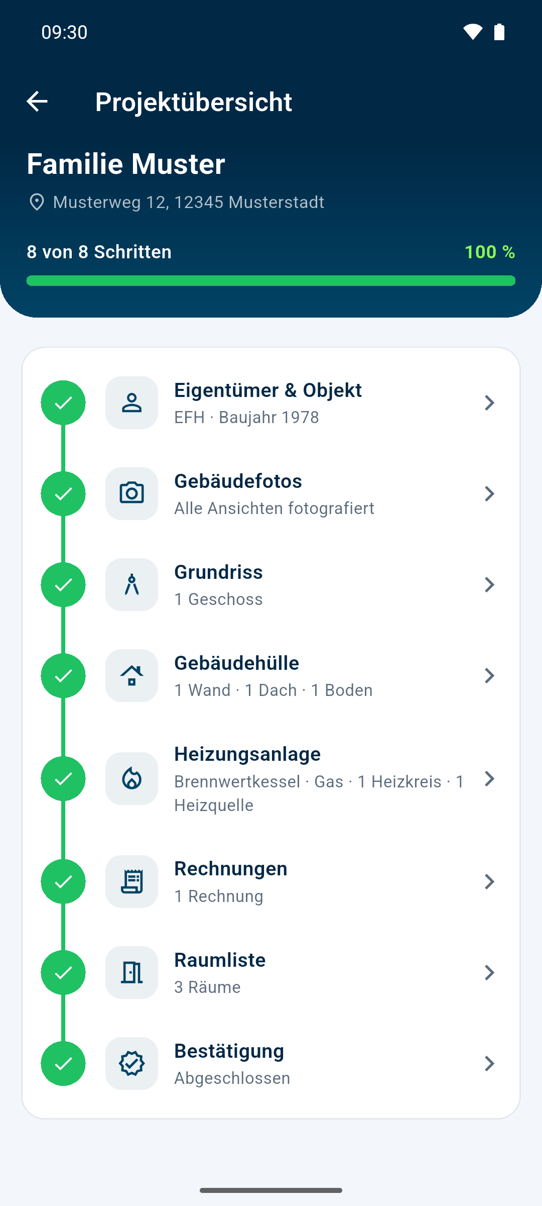EnSpector-Projektübersicht mit allen acht Aufnahmeschritten